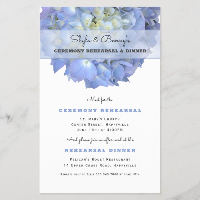 Flyer Invitación a la cena de Boda de Hidrangea Azul (Frente)