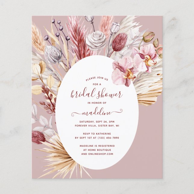 Flyer Invitación a la ducha con flores de hierba de Boho (Frente)