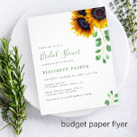 Flyer Invitación a la ducha de novia con flores de sol d<br><div class="desc">Rústica y elegante acuarela de hojas de eucalipto y girasoles de novia ducha moderna BUDGET invitación a FLYER con un guión de tipografía verde de moda. LEA ESTO ANTES DE COMPRAR! Esta es una tarjeta asequible para el presupuesto impresa en un FLYER. Tenga en cuenta que el PAPEL PRESUPUESTARIO ES...</div>