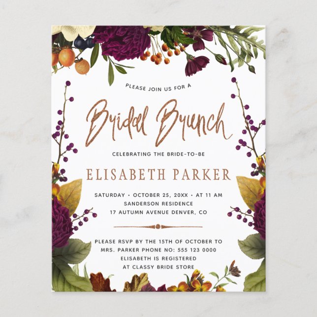 Flyer Invitación a la ducha de novia de brunch con presu (Frente)