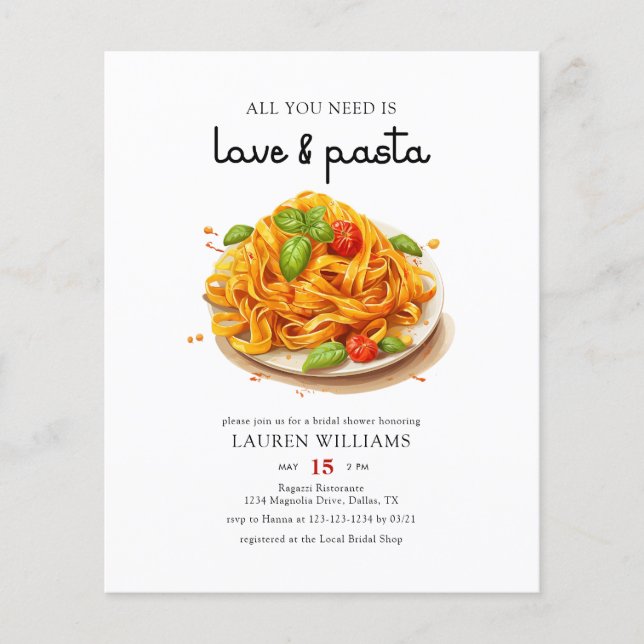 Flyer Invitación a la ducha de novias con amor y pasta e (Frente)