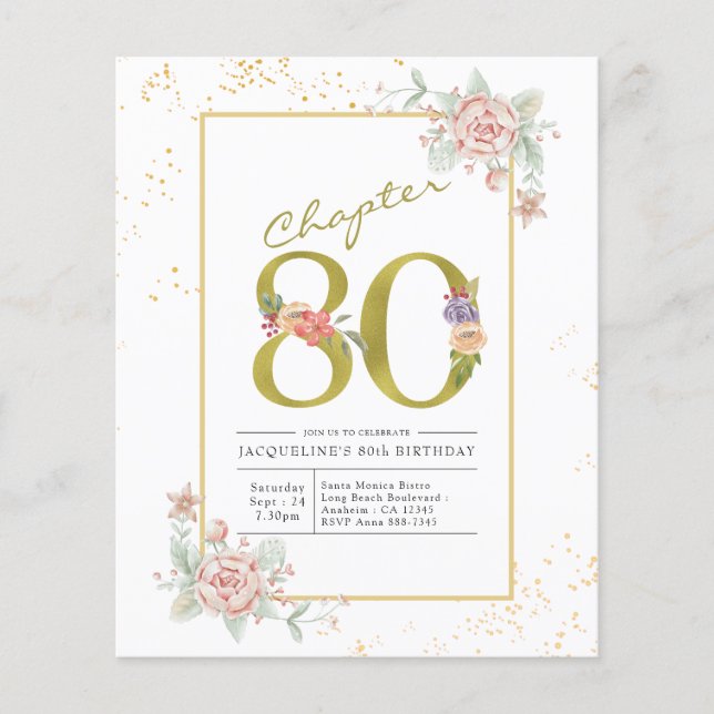 Flyer Invitación a la escritura floral de oro de cumplea (Frente)