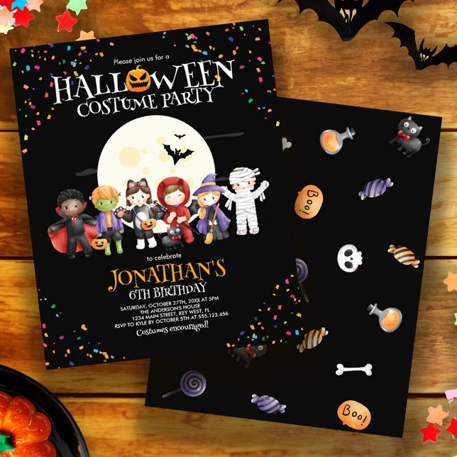 Flyer Invitación a la fiesta de cumpleaños con disfraces (Budget Halloween Kids Costume Birthday Party Invitation Flyer)