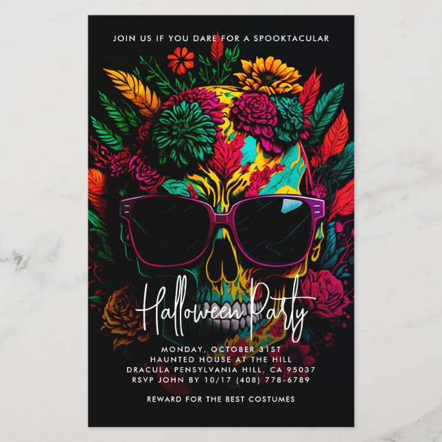 Flyer Invitación a la fiesta de Halloween con cráneo flo (Frente)