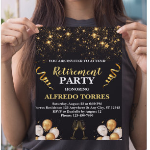 Flyer Invitación a la fiesta de jubilación en negro y do
