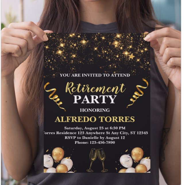 Flyer Invitación a la fiesta de jubilación en negro y do (Subido por el creador)