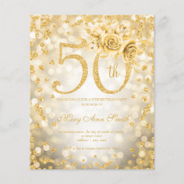Flyer Invitación a la floral Gold 50th Birthday Lights