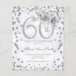 Flyer Invitación a la Mármol de Cumpleaños de Plata Flor