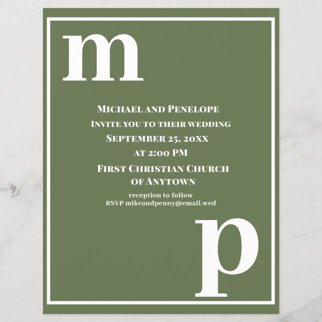 Flyer Invitación a la moda para una boda verde en olivo (Frente)