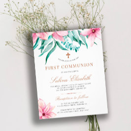 Flyer Invitación a la primera comunión del rosado floral