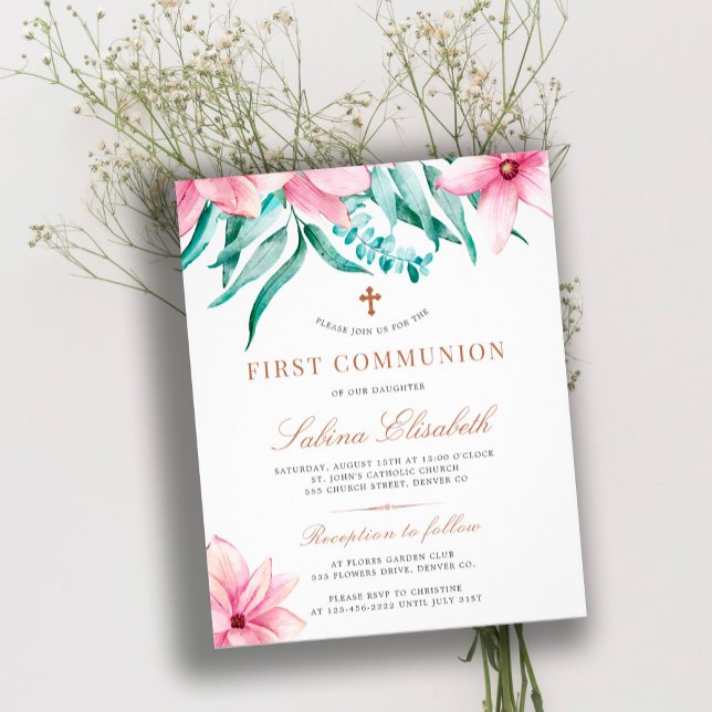Flyer Invitación a la primera comunión del rosado floral (Subido por el creador)