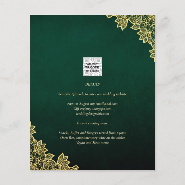 Flyer Invitación a la QR a la boda Gold Lace Emerald Gre (Atrás)