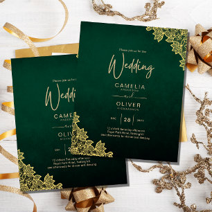 Flyer Invitación a la QR a la boda Gold Lace Emerald Gre