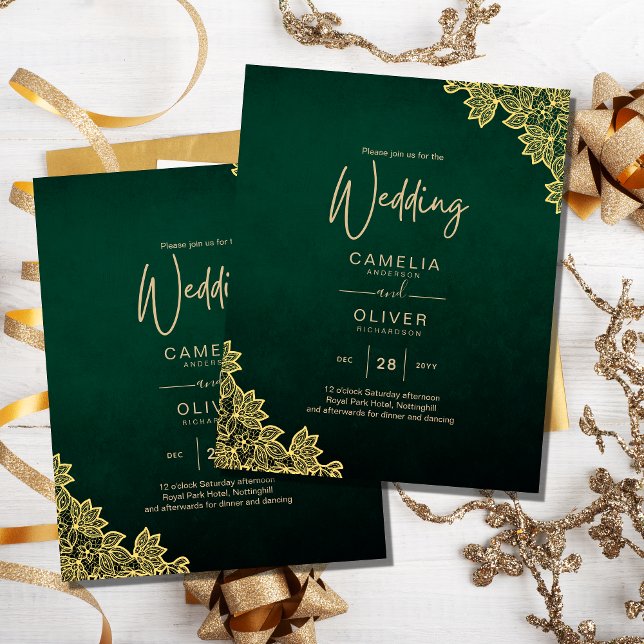 Flyer Invitación a la QR a la boda Gold Lace Emerald Gre (Subido por el creador)
