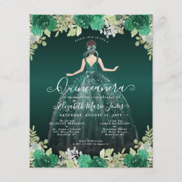 Flyer Invitación a la Quinceanera con vestido verde flor