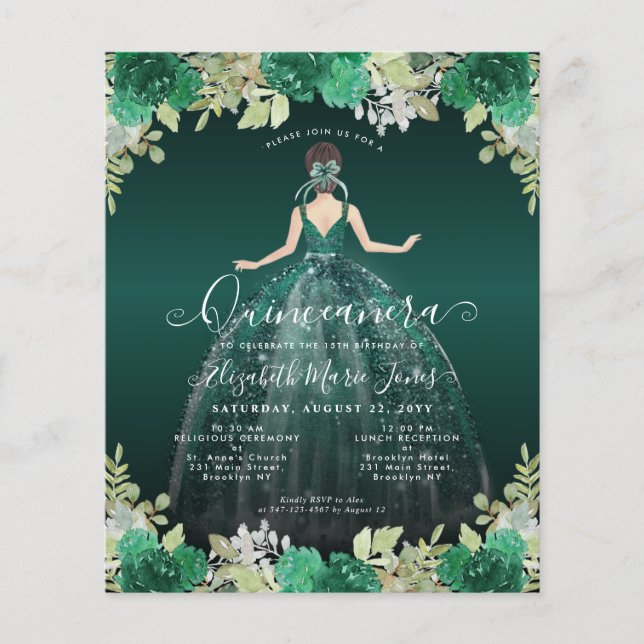 Flyer Invitación a la Quinceanera con vestido verde flor (Frente)