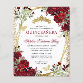 Flyer Invitación a la Quinceañera de oro barato con flor