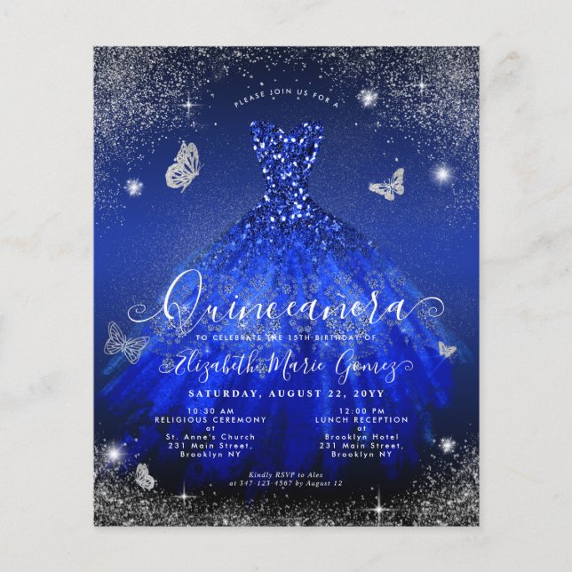Flyer Invitación a la Quinceanera Royal Blue Silver con  (Frente)