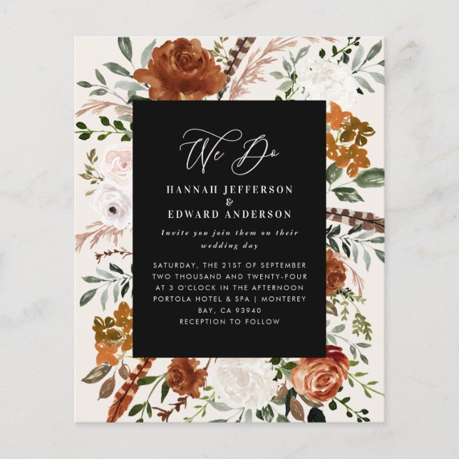 Flyer Invitación a los detalles del boda botánico negro  (Frente)