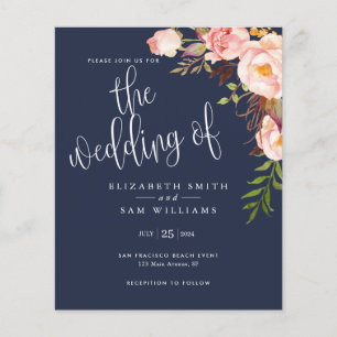 Flyer Invitación a matrimonio azul floral simple de la m