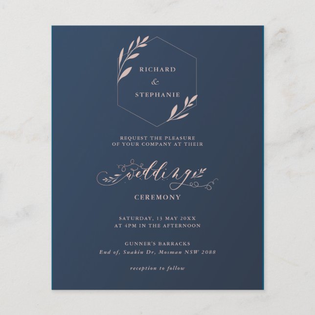 Flyer Invitación a matrimonio de follaje azul y rosa con (Frente)