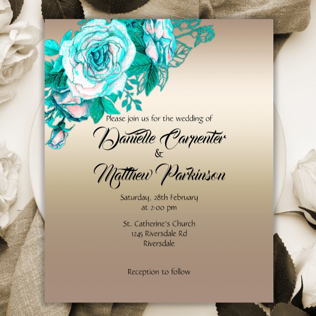 Flyer Invitación a matrimonio de Rosas turquesa y oro as (Subido por el creador)