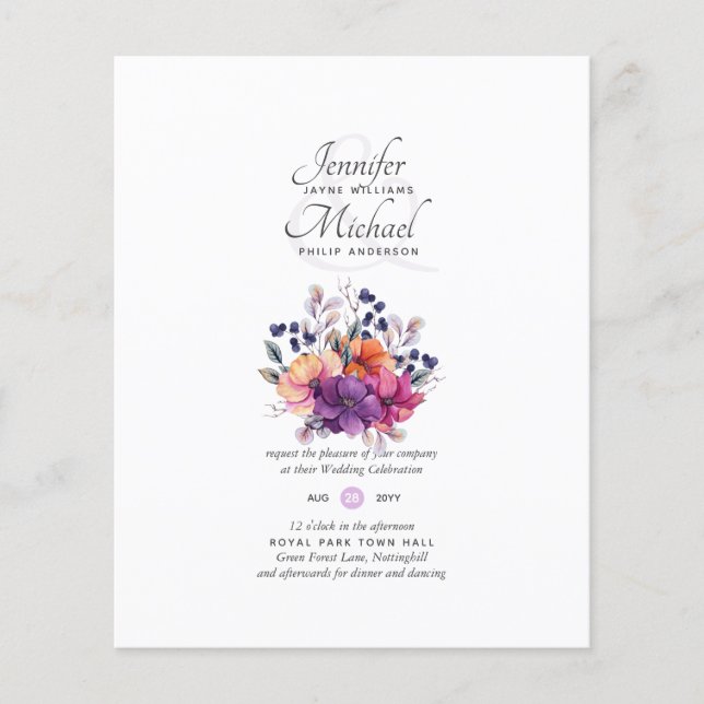 Flyer Invitación a matrimonio floral de Naranja púrpura  (Frente)