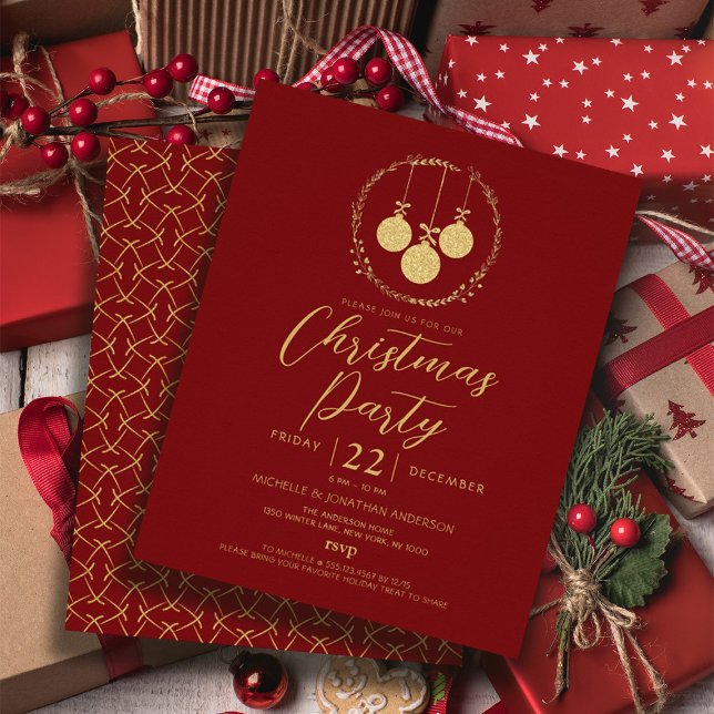 Flyer Invitación a Navidades de Purpurinas de oro de Mar (Budget Maroon Gold Glitter Christmas Invitation Flyer)
