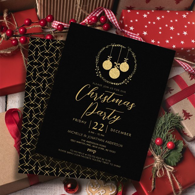 Flyer Invitación a Navidades de Purpurinas de oro negro  (Budget Black Gold Glitter Christmas Party Flyer)