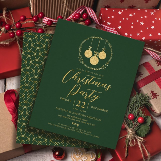 Flyer Invitación a Navidades de Purpurinas de Oro Verde  (Budget Green Gold Glitter Christmas Invitation Flyer)