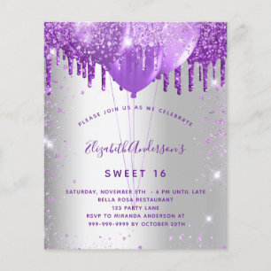 Flyer Invitación a presupuesto dulce 16 de plata morada