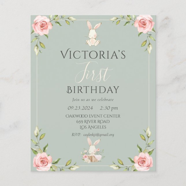 Flyer Invitación a primer cumpleaños de Conejo con Cuta  (Frente)