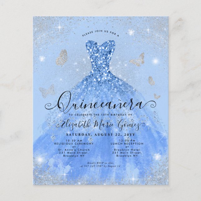Flyer Invitación a Quinceanera con bata de plata azul ba (Frente)