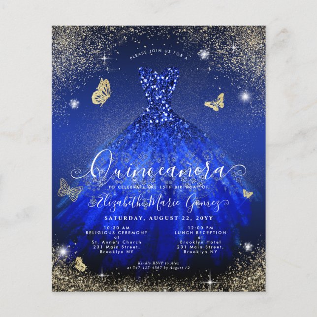 Flyer Invitación a Quinceanera con traje de oro azul bar (Frente)