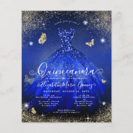 Flyer Invitación a Quinceanera con traje de oro azul bar