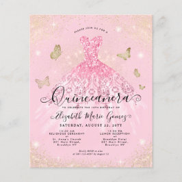 Flyer Invitación a Quinceanera con traje de oro rosa bar