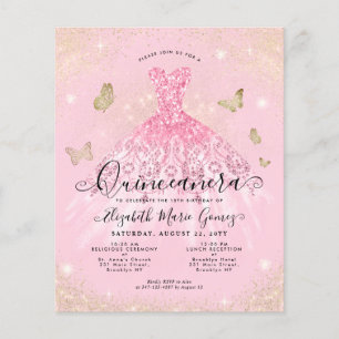 Flyer Invitación a Quinceanera con traje de oro rosa bar