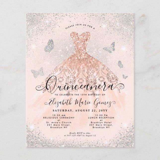 Flyer Invitación a Quinceanera de Glam Gown de oro rosa  (Frente)