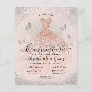 Flyer Invitación a Quinceanera de Glam Gown de oro rosa 
