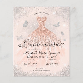 Flyer Invitación a Quinceanera de Glam Gown de oro rosa 