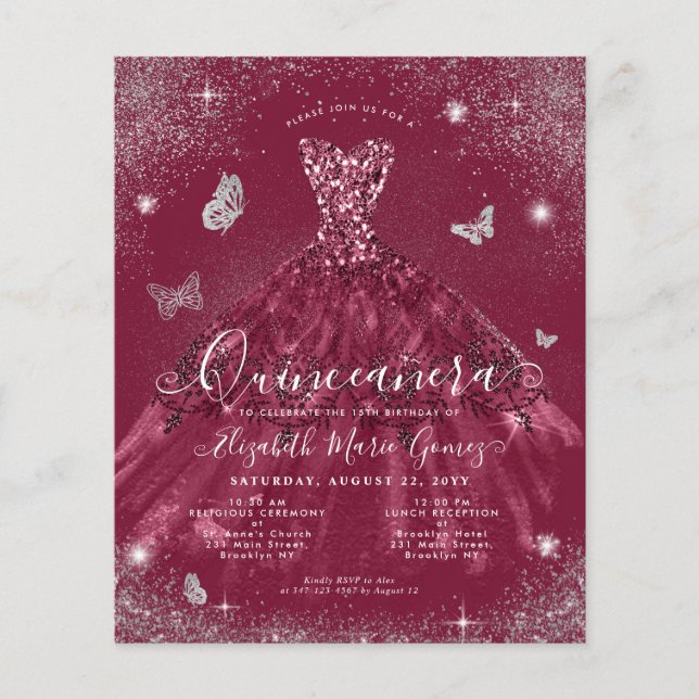 Flyer Invitación a Quinceanera de la bata de plata roja  (Frente)