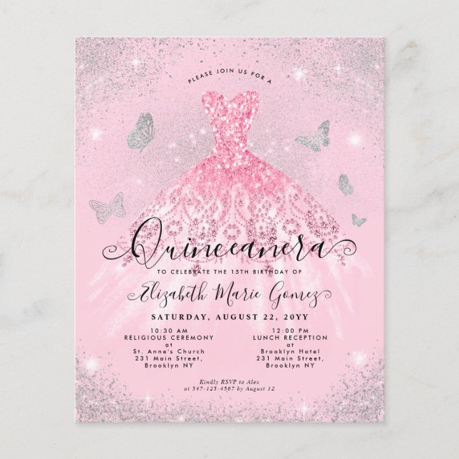 Flyer Invitación a Quinceanera de yegua de plata rosa ba (Frente)