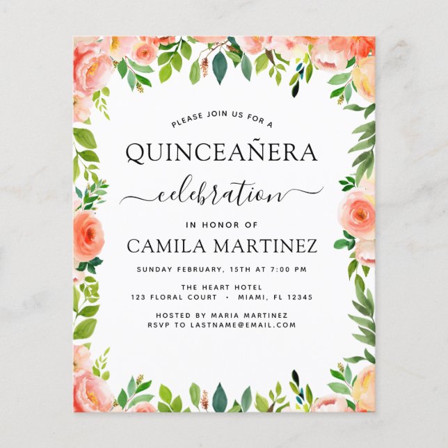 Flyer Invitación a Quinceañera floral de maceta de coral (Frente)
