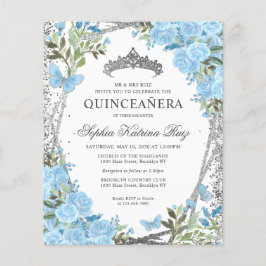 Flyer Invitación a Quinceañera Floral Dusty Blue Silver 