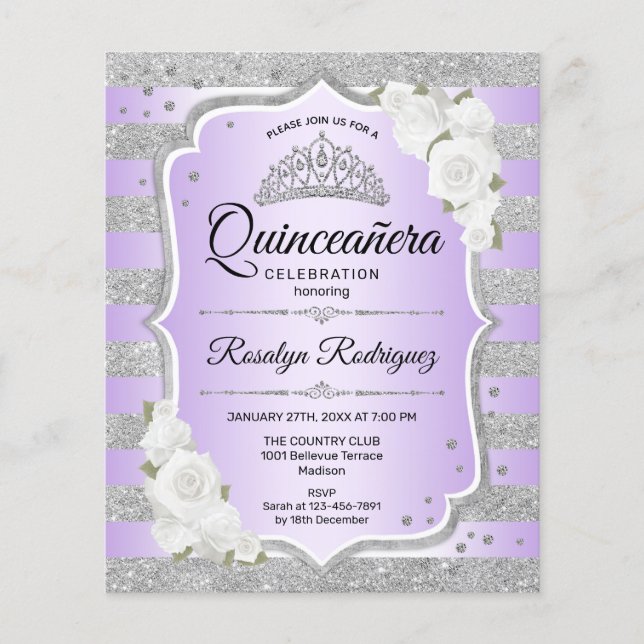 Flyer Invitación a Quinceanera Púrpura Plata Presupuesta (Frente)