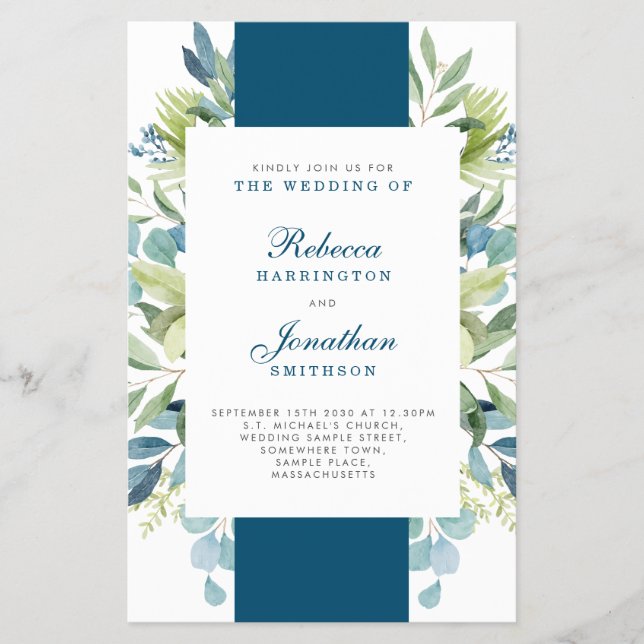Flyer Invitación a RSVP de boda azul de follaje presupue (Frente)