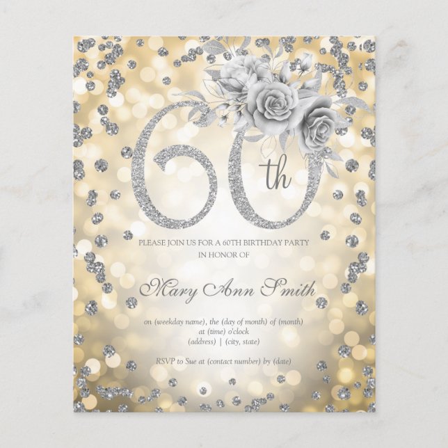 Flyer Invitación a Silver Floral 60th Birthday Gold Ligh (Frente)