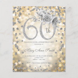 Flyer Invitación a Silver Floral 60th Birthday Gold Ligh