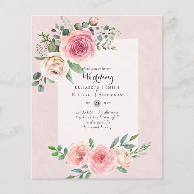Flyer Invitación a una boda floral con Rosas rosas rosad (Frente)