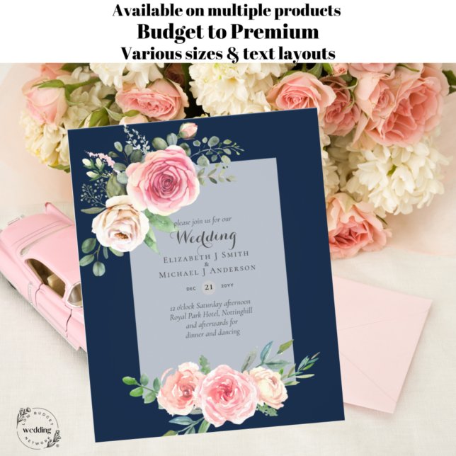 Flyer Invitación a una boda floral con Rosas rosas rosad (Subido por el creador)